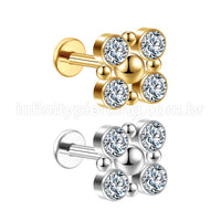Piercing Labret Aço Cirúrgico 4 Pedras Zircônia Cravada