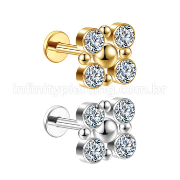 Piercing Labret Aço Cirúrgico 4 Pedras Zircônia Cravada
