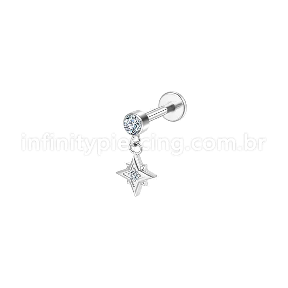 Piercing Labret Aço Cirúrgico Ponto De Luz Com Pingente Estrela