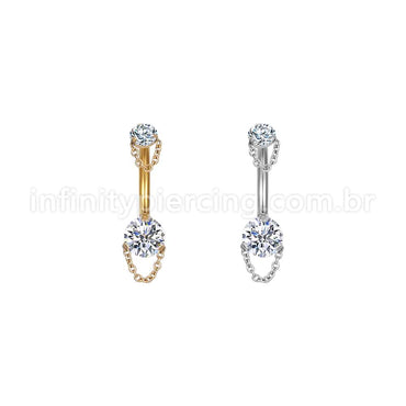 Piercing Banana Aço Cirúrgico 2 Pedras Zircônia Com Correntes