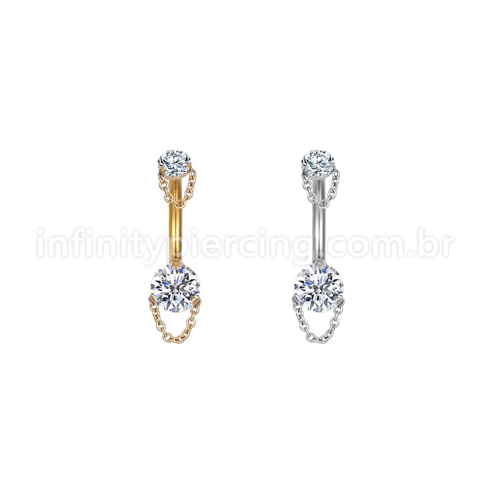 Piercing Banana Aço Cirúrgico 2 Pedras Zircônia Com Correntes