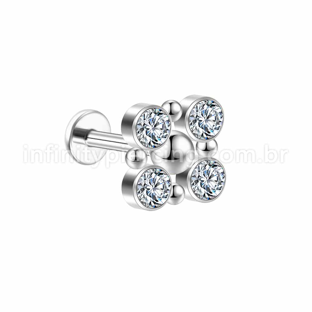 Piercing Labret Aço Cirúrgico 4 Pedras Zircônia Cravada