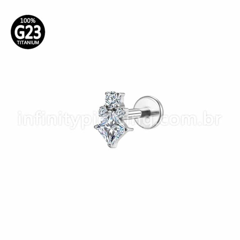 Piercing Labret Titânio Quadrado/Bolinhas Zircônia Cravejada