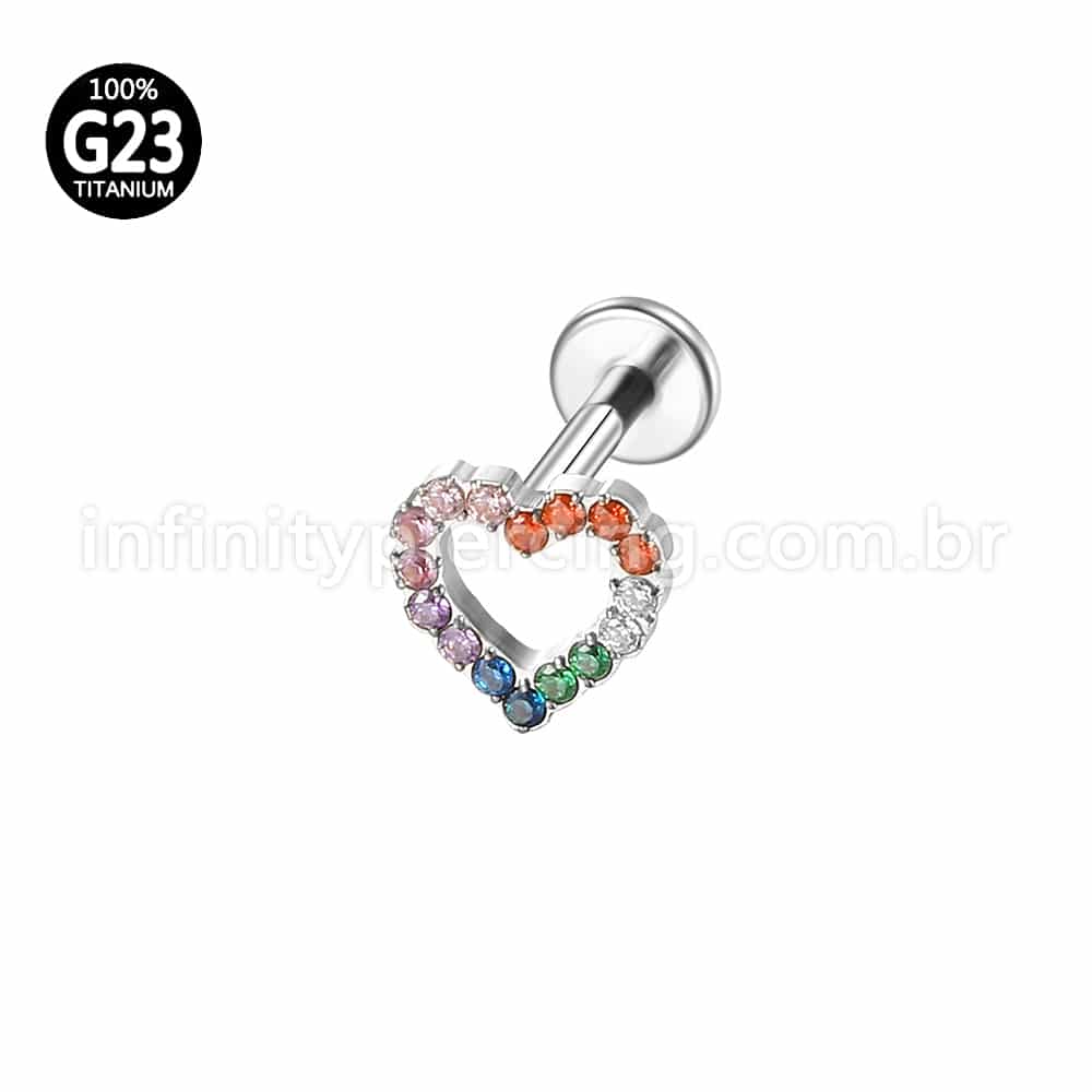 Piercing Labret Titânio Coração Vazado Zircônia Coloridas