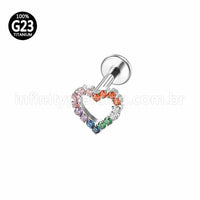 Piercing Labret Titânio Coração Vazado Zircônia Coloridas