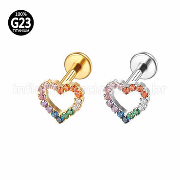 Piercing Labret Titânio Coração Vazado Zircônia Coloridas