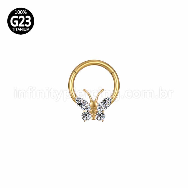 Piercing Argola Titânio Segmento Articulado Borboleta Zircônia Cravejada