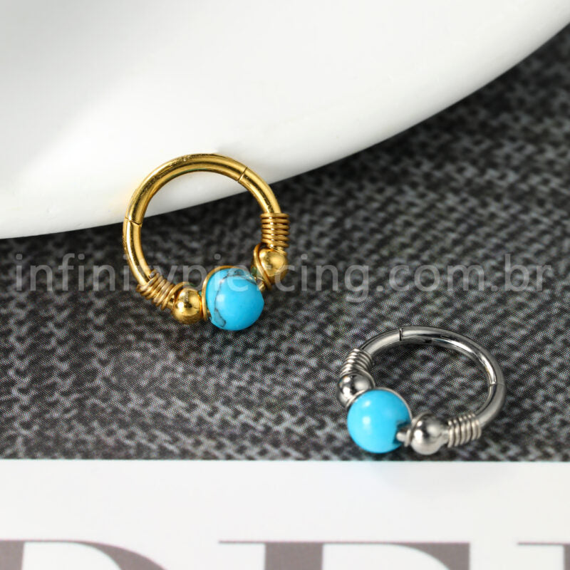 Piercing Argola Titânio Detalhada Com Pedra Opala