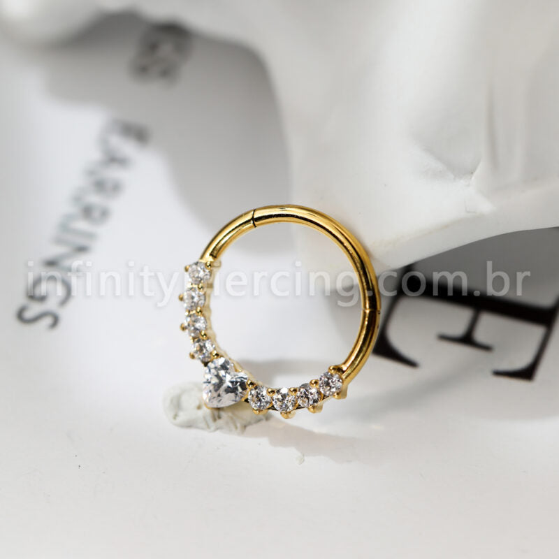 Piercing Argola Aço Cirúrgico Coração Zircônias Cravejada