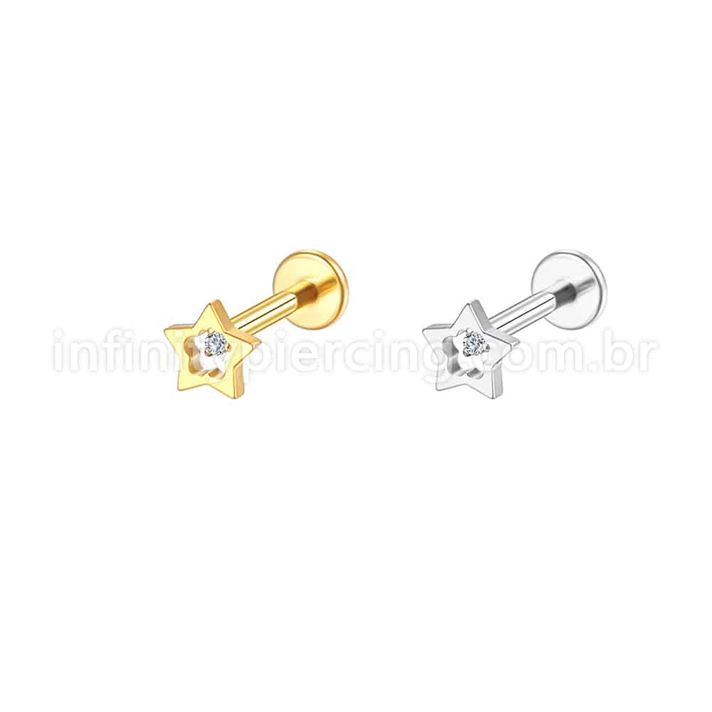 Piercing Labret Aço Cirúrgico Estrela Vazada Zircônia