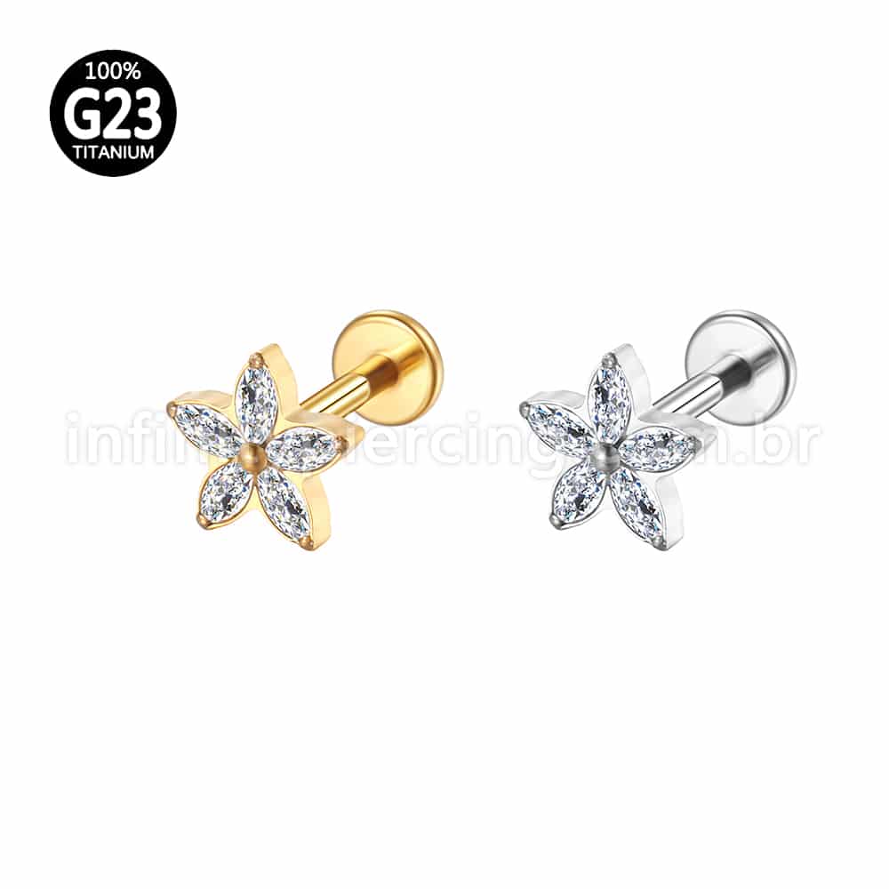 Piercing Labret Titânio Flor Zircônia Cravejada