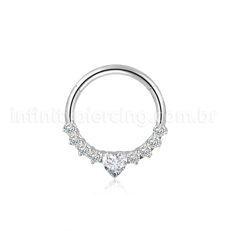Piercing Argola Aço Cirúrgico Coração Zircônias Cravejada