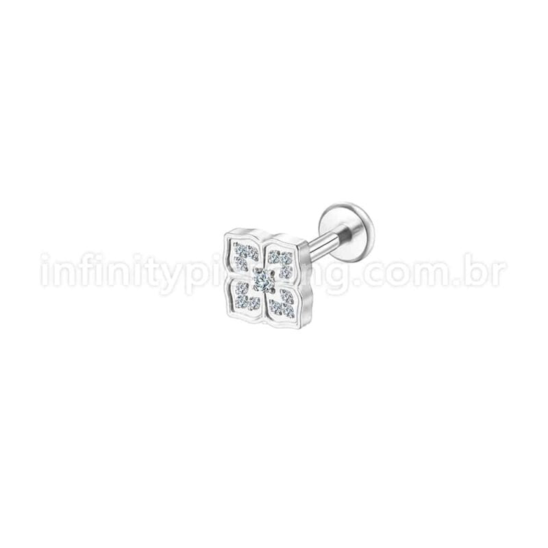 Piercing Labret Aço Cirúrgico Flor Quadrada Zircônia Cravejada