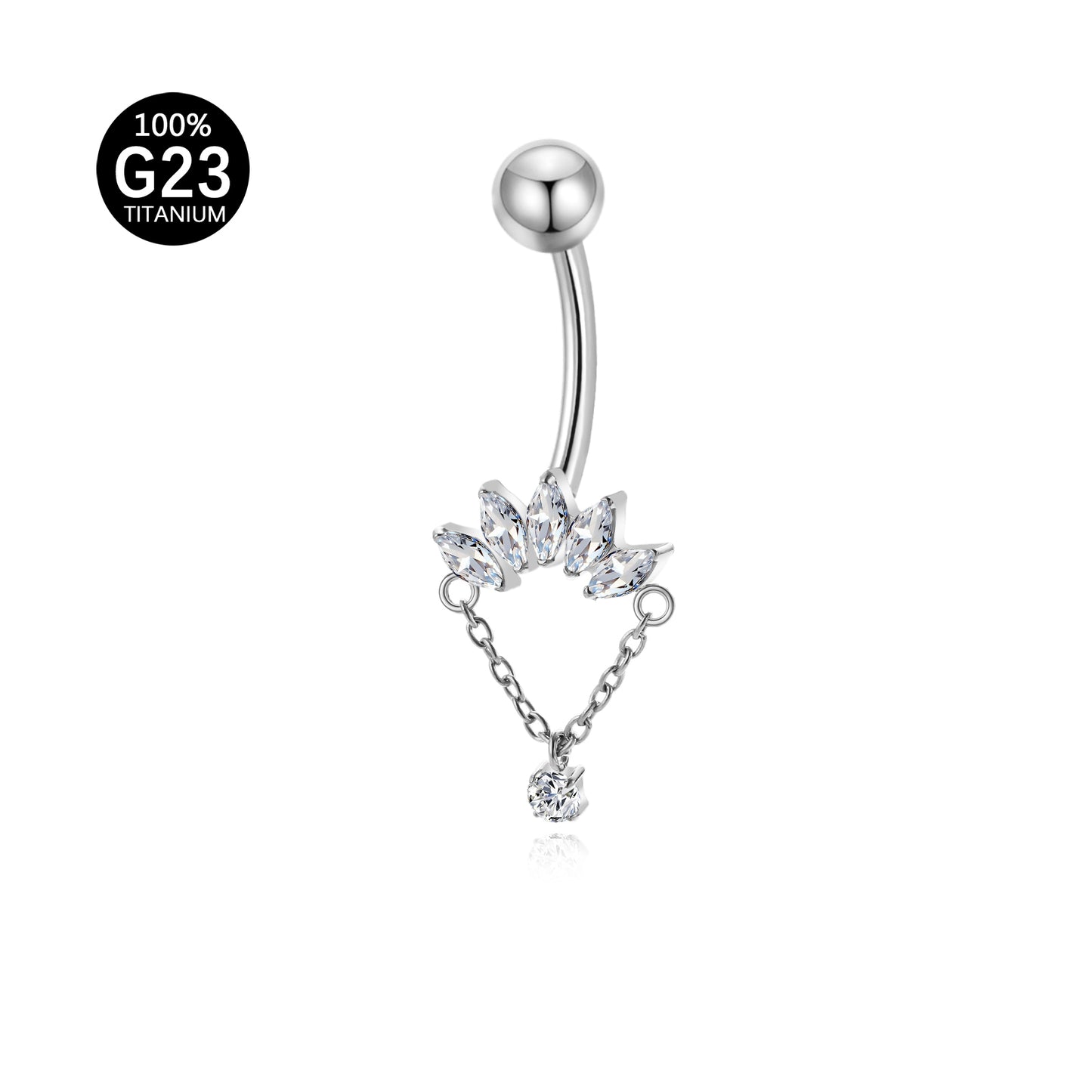 Piercing de Umbigo em Titânio G23 com Corrente Pendente e Zircônia de Alto Brilho – Design Elegante com Movimento Sofisticado