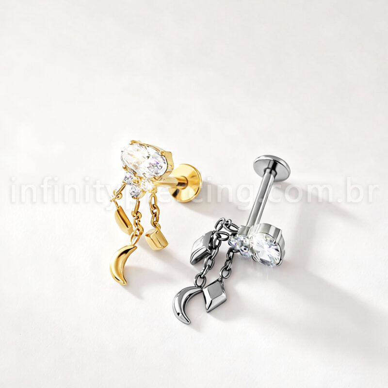 Piercing Labret Titânio Zircônia Oval Com Correntes