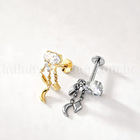 Piercing Labret Titânio Zircônia Oval Com Correntes
