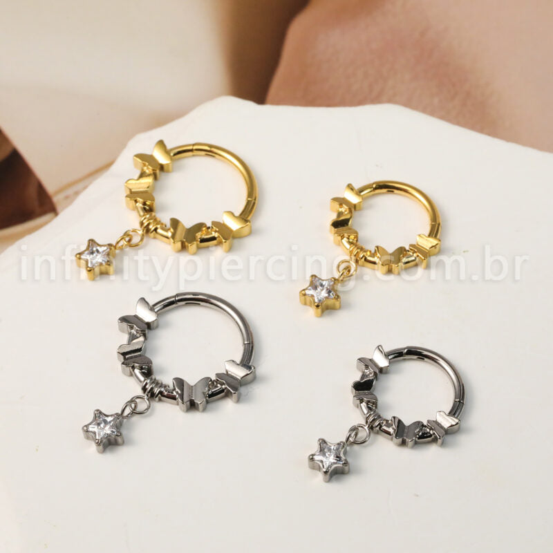 Piercing Argola Titânio Segmento Articulado Borboletas Com Pingente Estrela