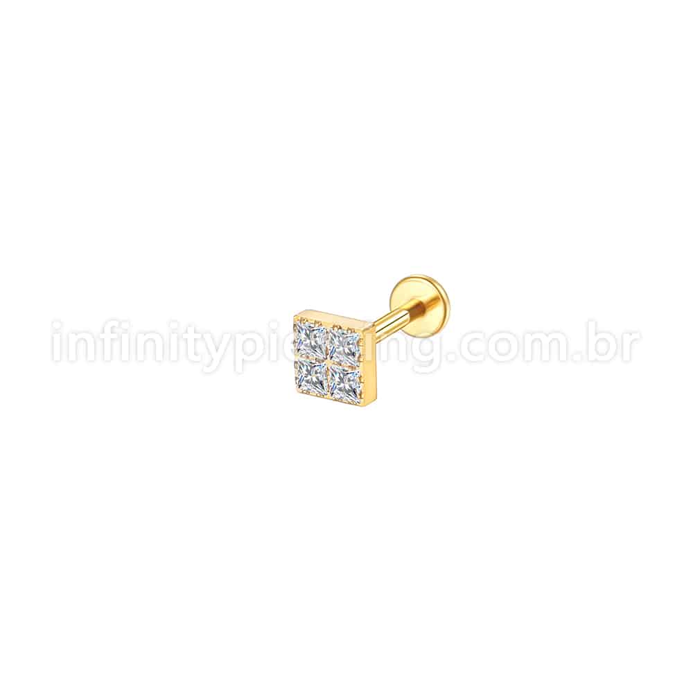 Piercing Labret Aço Cirúrgico Quadrado 4 Zircônias