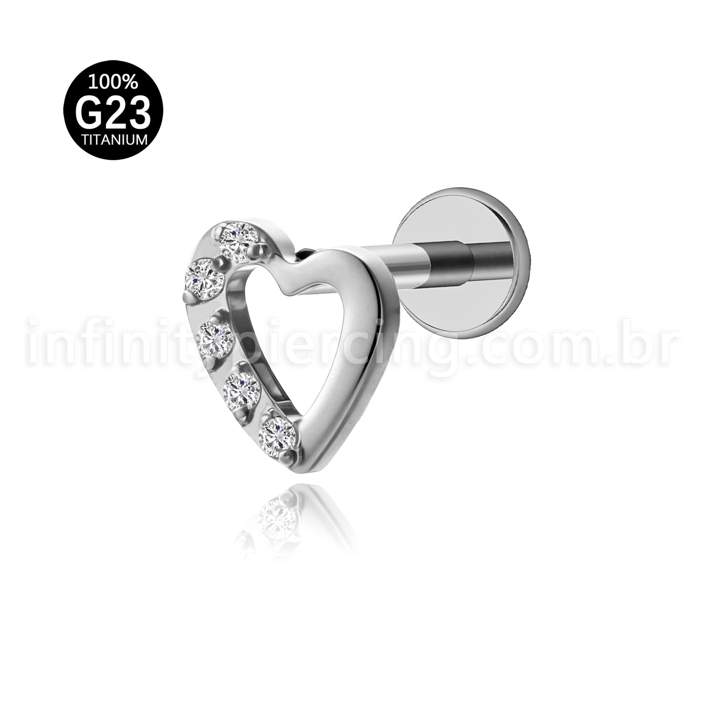 Piercing Labret Titânio Coração Com Zircônia Lateral