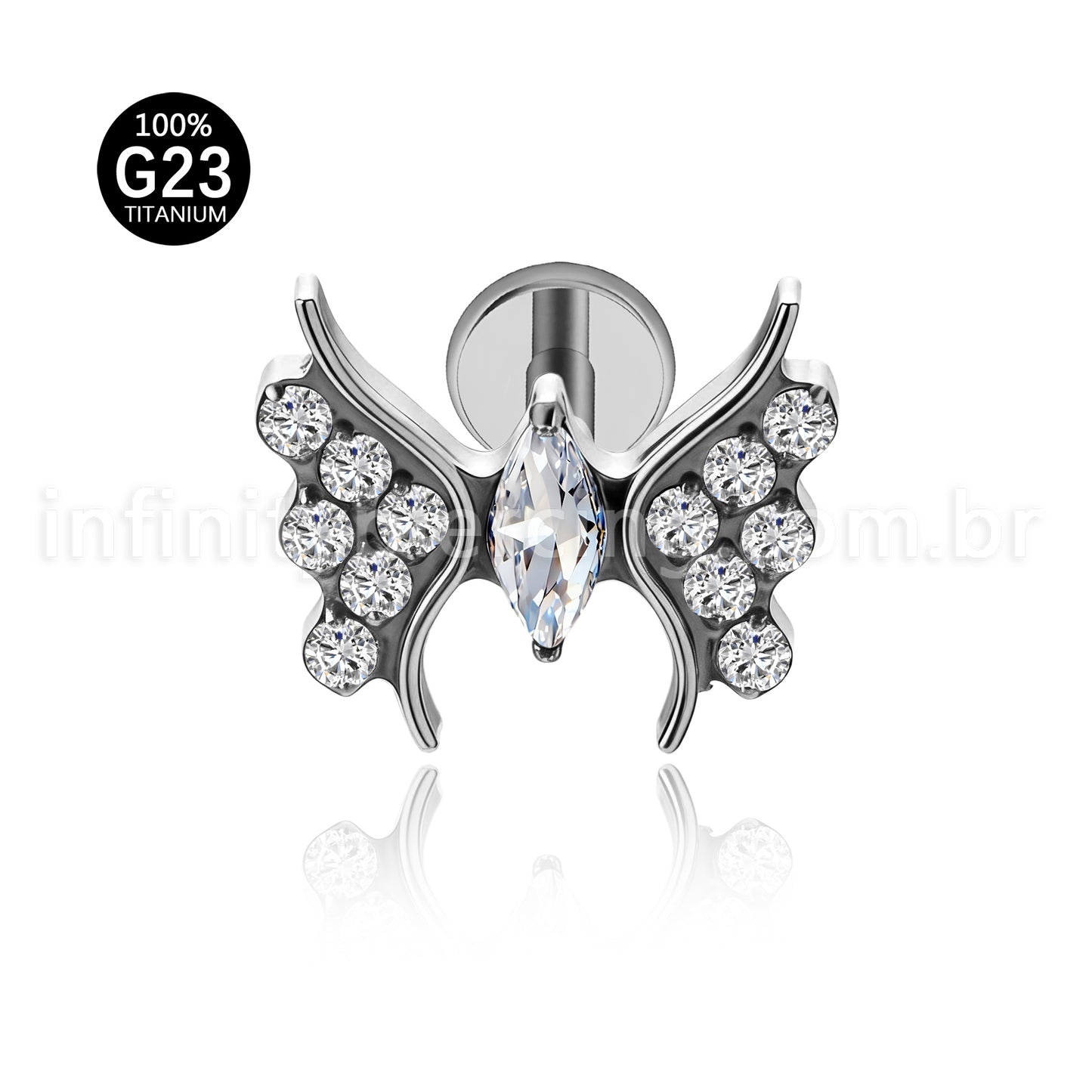 Piercing Labret Titânio Borboleta Zircônia Cravejada