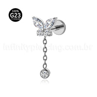 Piercing Labret Titânio Borboleta Com Pingente Zircônia Cravejada
