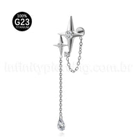 Piercing Labret Titânio Estrela 4 Pontas Com Corrente