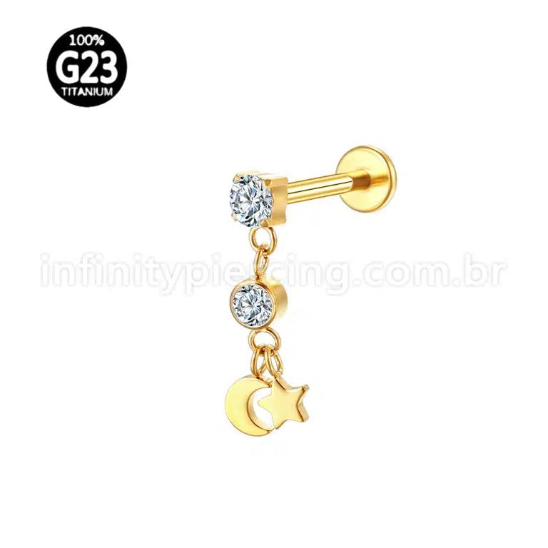 Piercing Labret Titânio Zircônia Cravejada Pingente Estrela/Lua