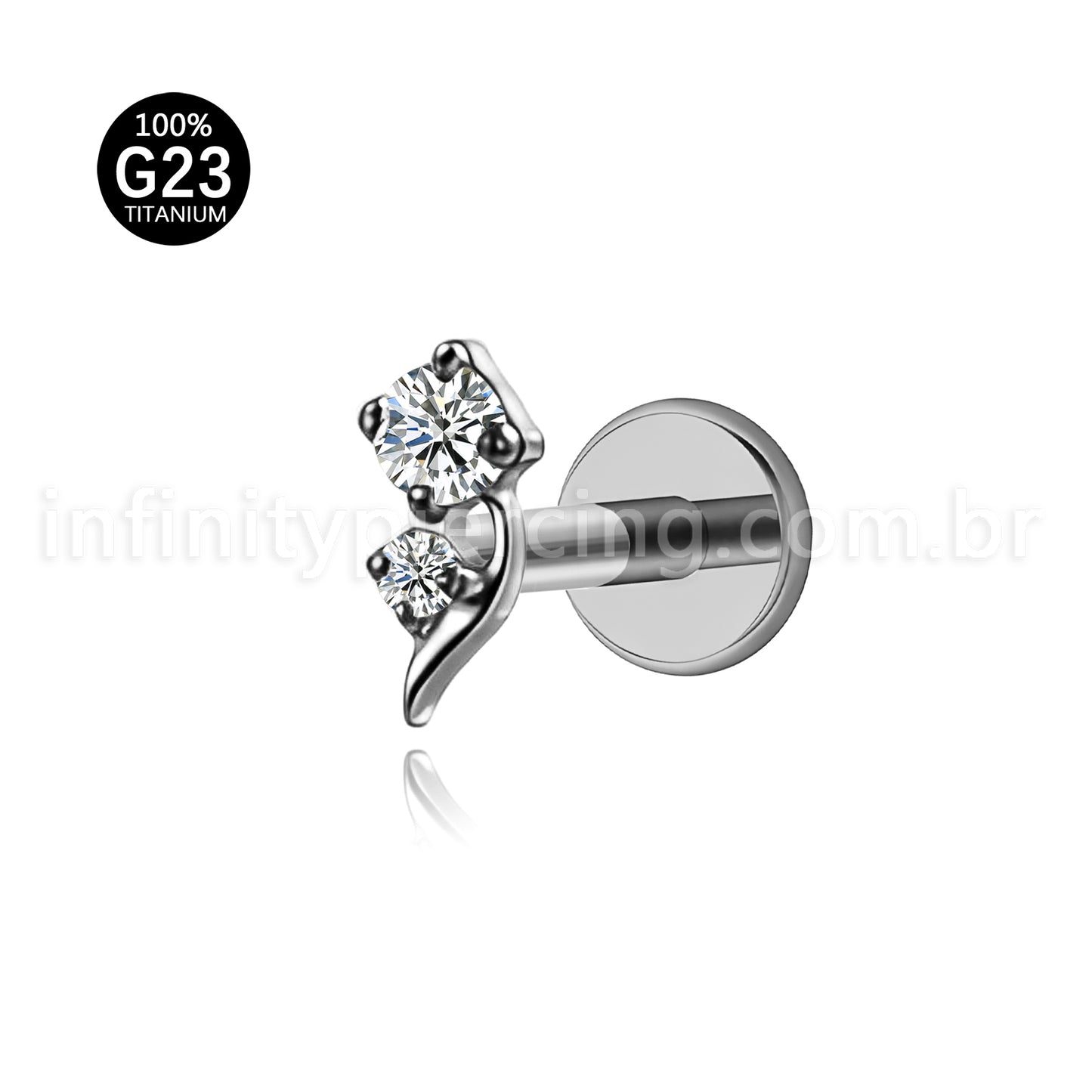 Piercing Labret Titânio 2 Pedras Zircônia Cravejada