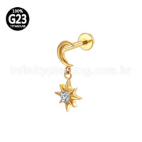 Piercing Labret Titânio Lua Com Pingente Estrela Zircônia