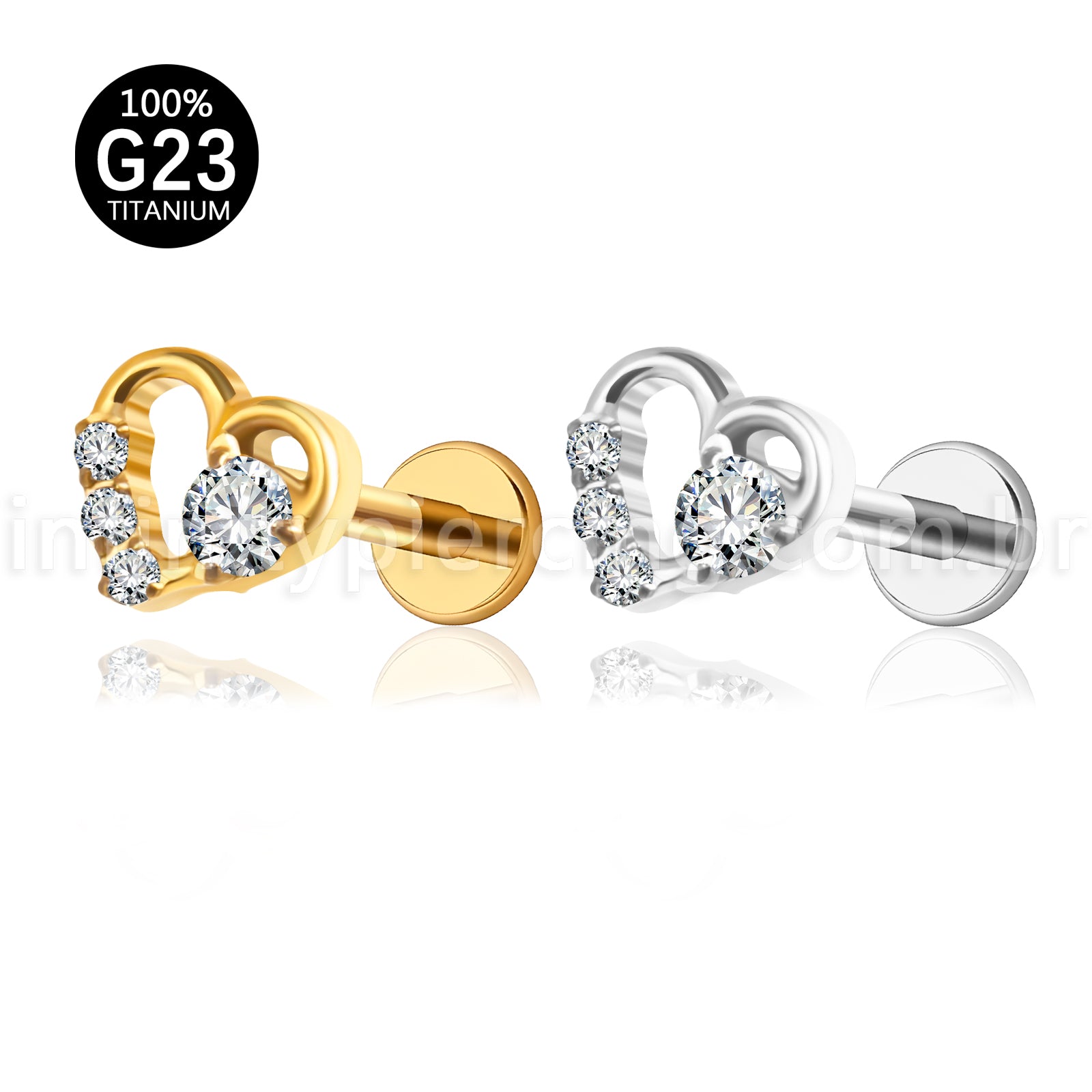Piercing Labret Titânio Coração Com Zircônia Cravejada