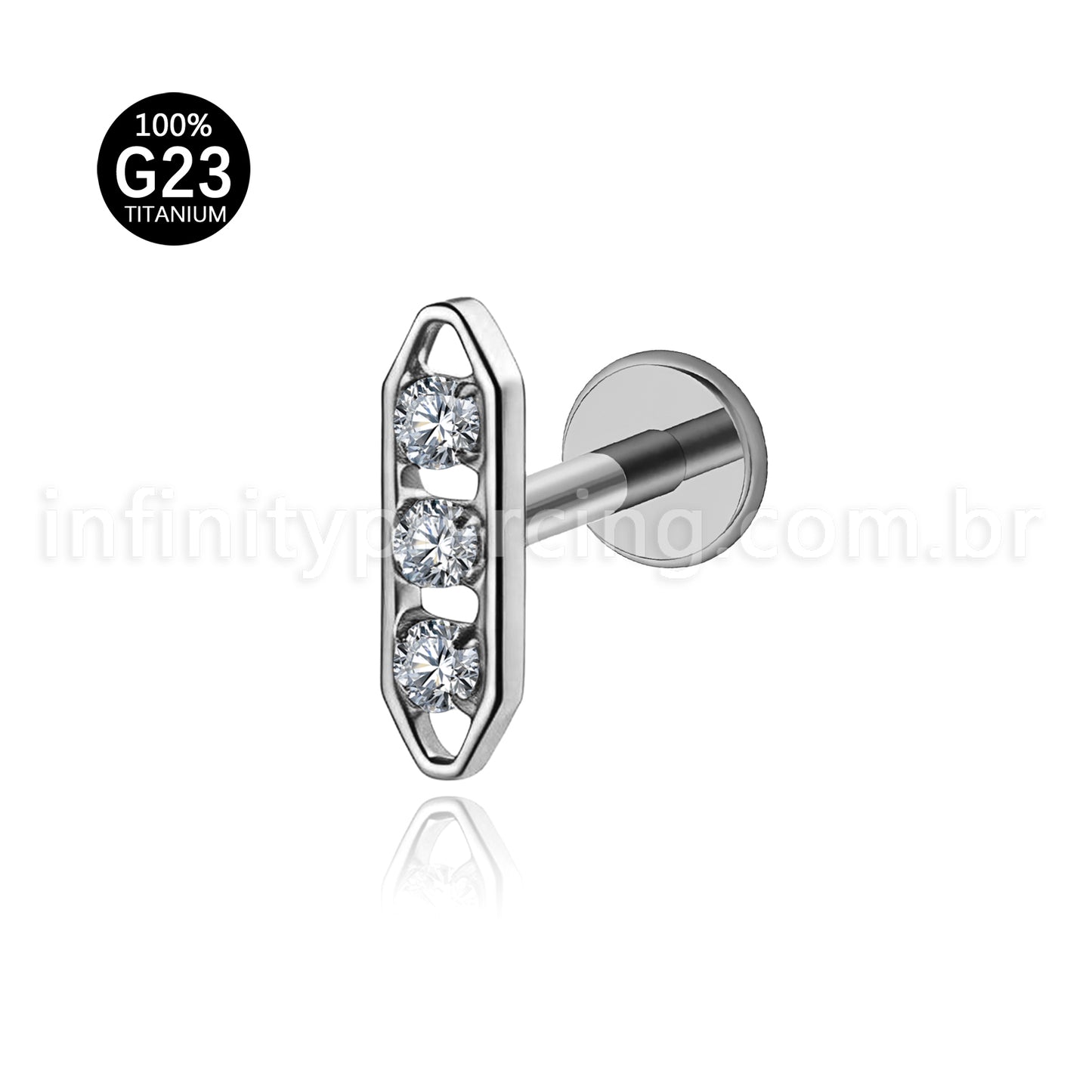 Piercing Labret Titânio Barra 3 Zircônia Cravejada