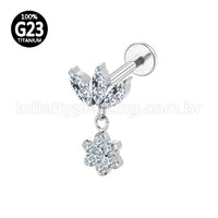 Piercing Labret Titânio Flor Zircônia Cravejada Com Pingente Flor