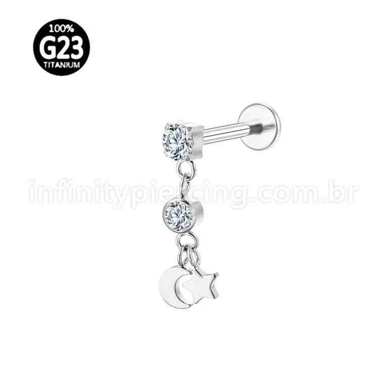 Piercing Labret Titânio Zircônia Cravejada Pingente Estrela/Lua