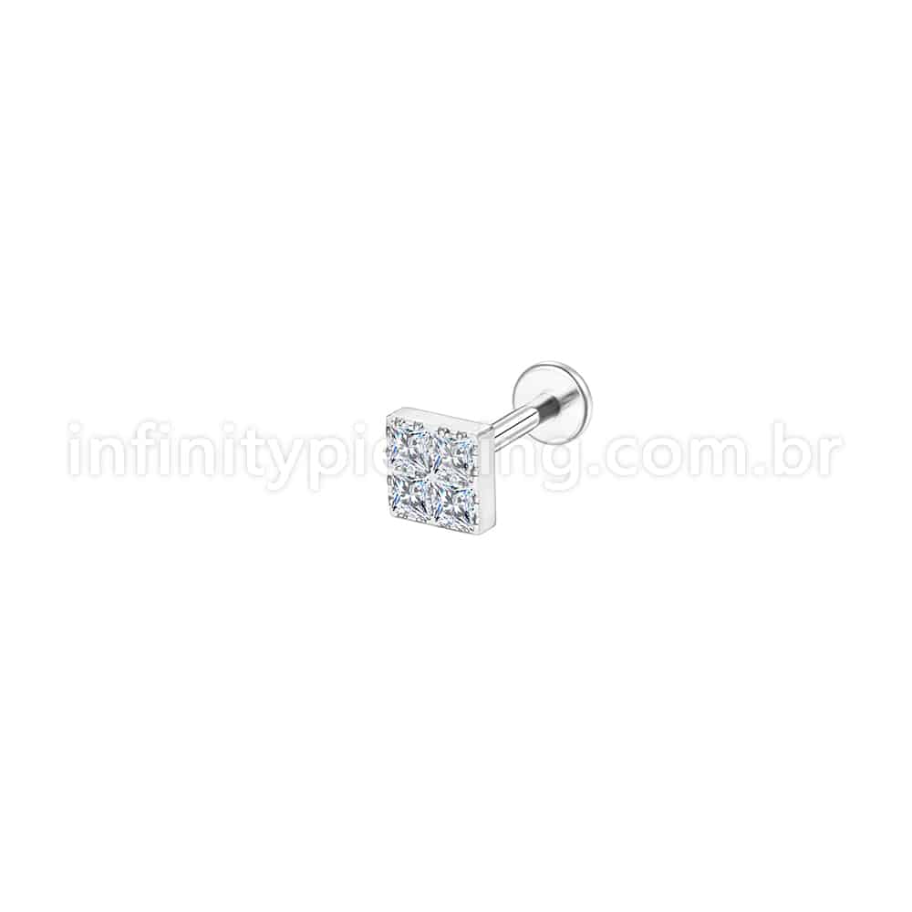 Piercing Labret Aço Cirúrgico Quadrado 4 Zircônias