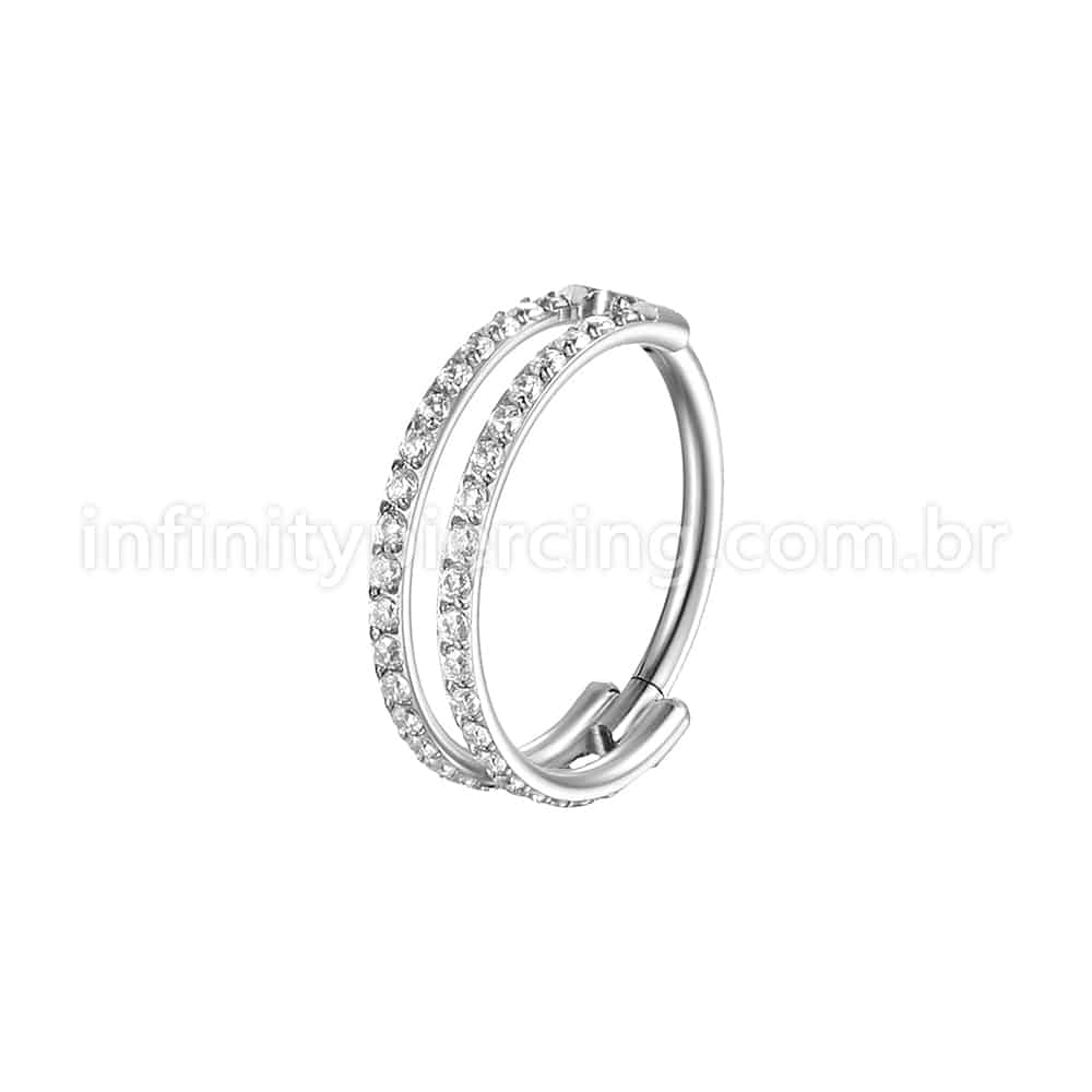 Piercing Argola Segmento Articulado Aço Cirúrgico Vazada 2 Fileiras Zircônia Cravejada