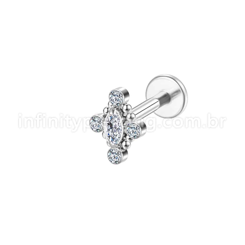Piercing Labret Aço Cirúgico Indiano 5 Pedras Zircônia Cravada