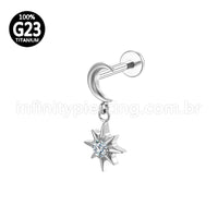 Piercing Labret Titânio Lua Com Pingente Estrela Zircônia