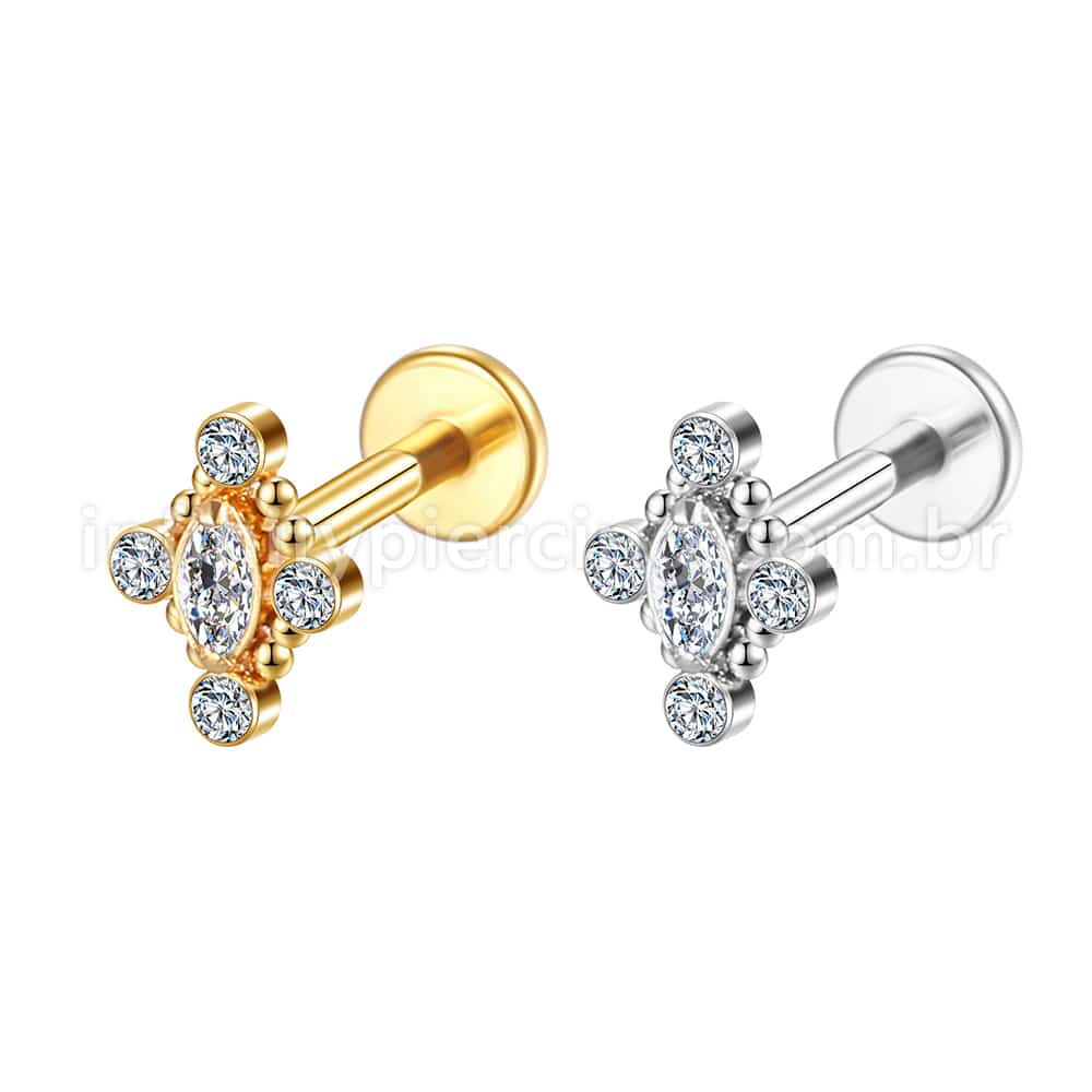 Piercing Labret Aço Cirúgico Indiano 5 Pedras Zircônia Cravada