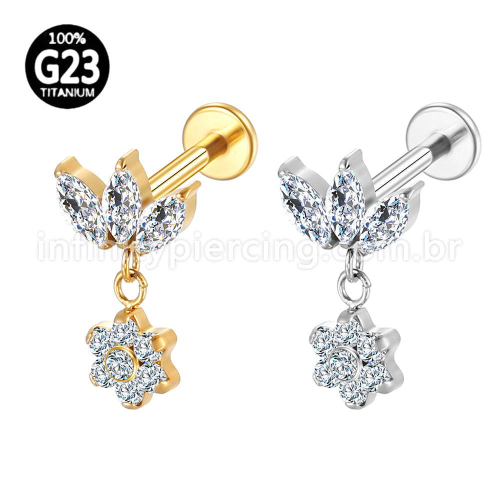 Piercing Labret Titânio Flor Zircônia Cravejada Com Pingente Flor
