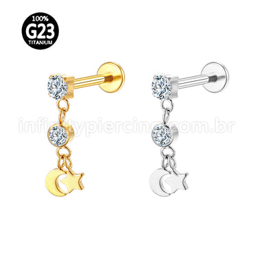 Piercing Labret Titânio Zircônia Cravejada Pingente Estrela/Lua