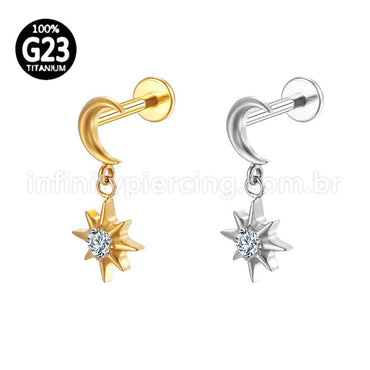 Piercing Labret Titânio Lua Com Pingente Estrela Zircônia