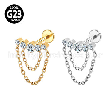 Piercing Labret Titânio Curvo Zircônia Cravejada Com Correntes