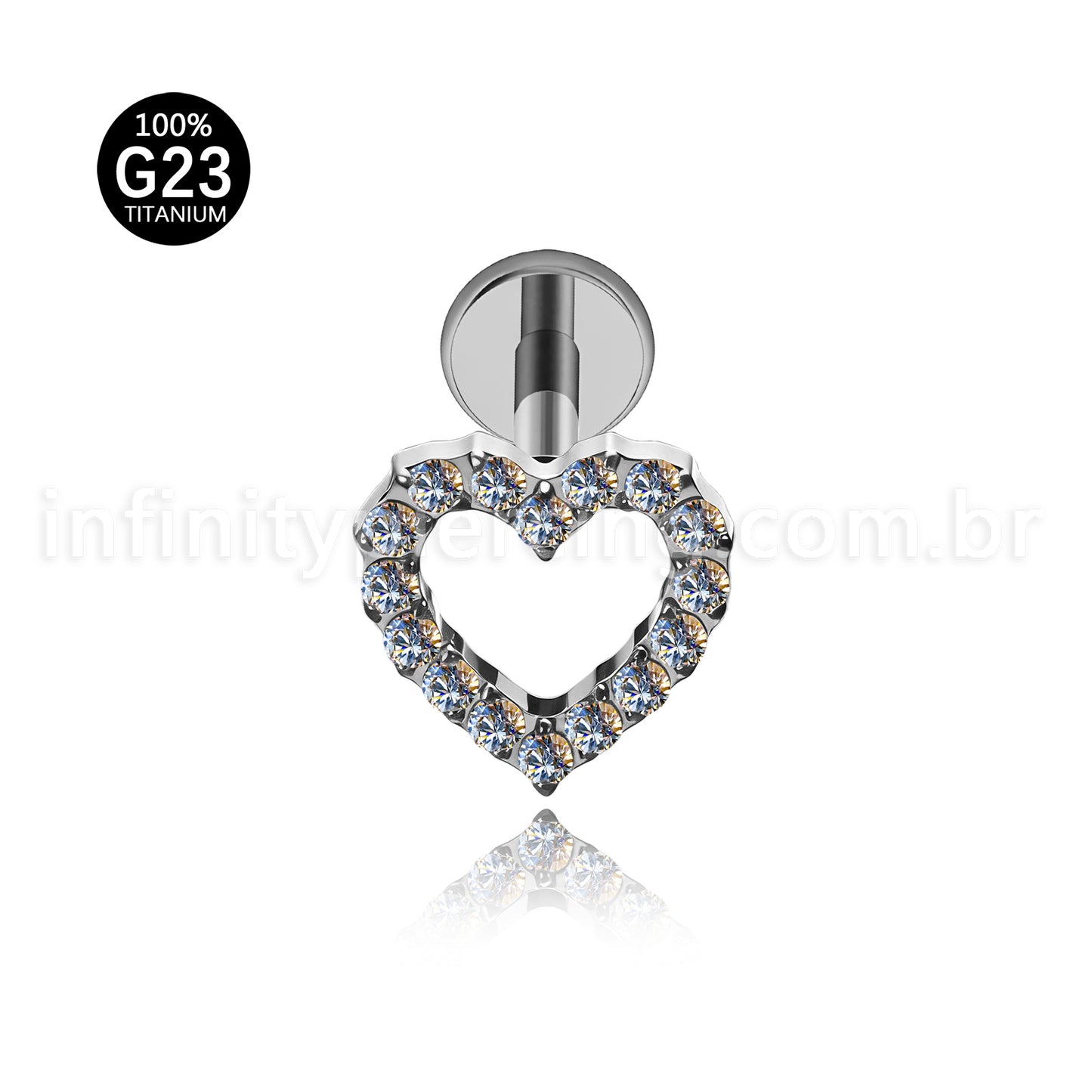 Piercing Labret Titânio Coração Vazado Zircônia