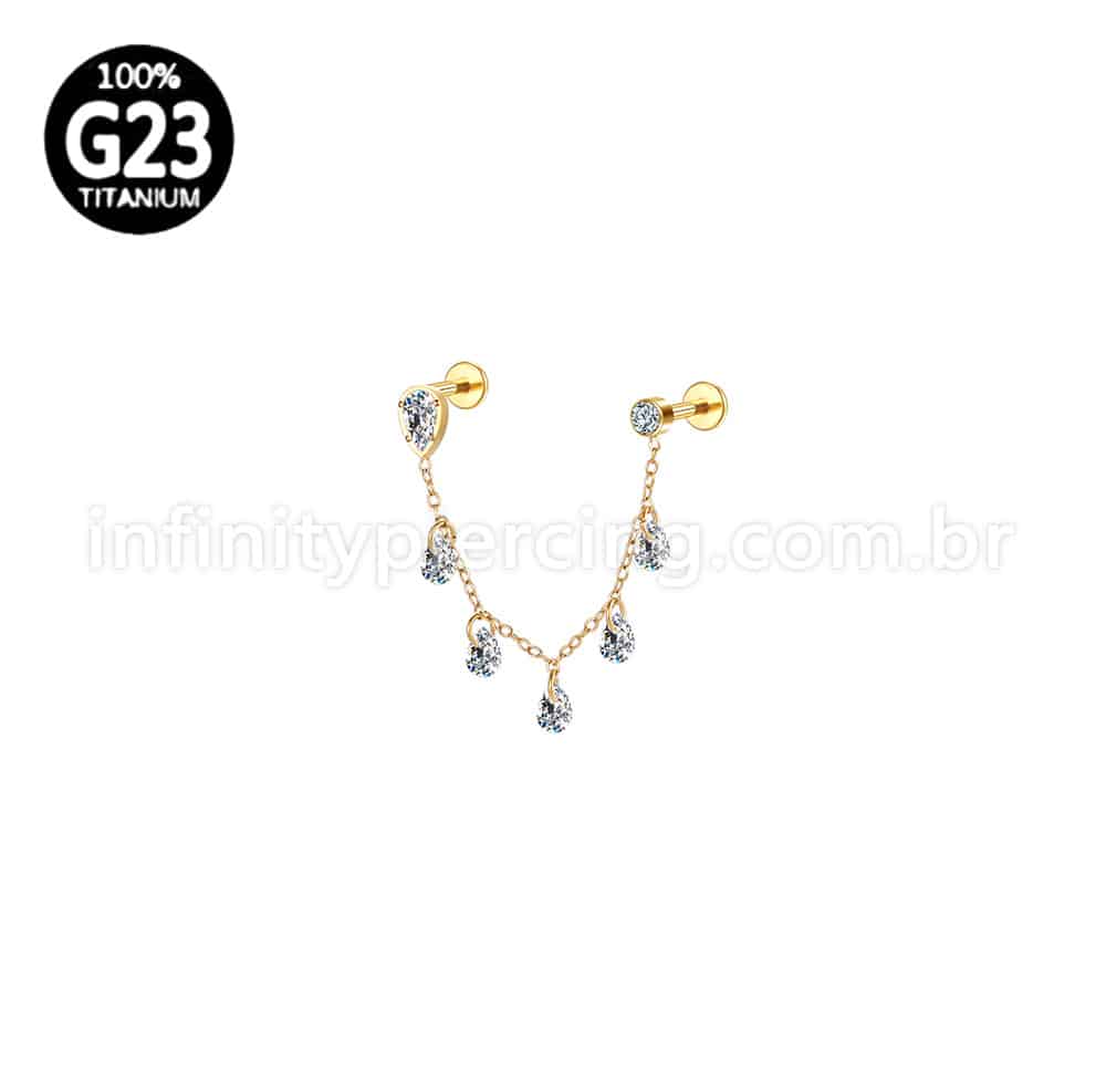 Piercing Labret Titânio Gota Corrente Com Zircônia