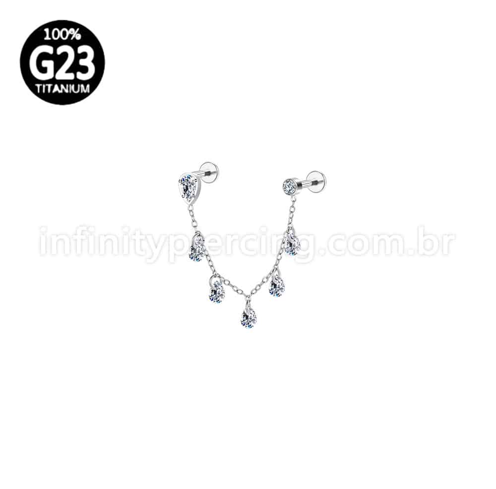 Piercing Labret Titânio Gota Corrente Com Zircônia