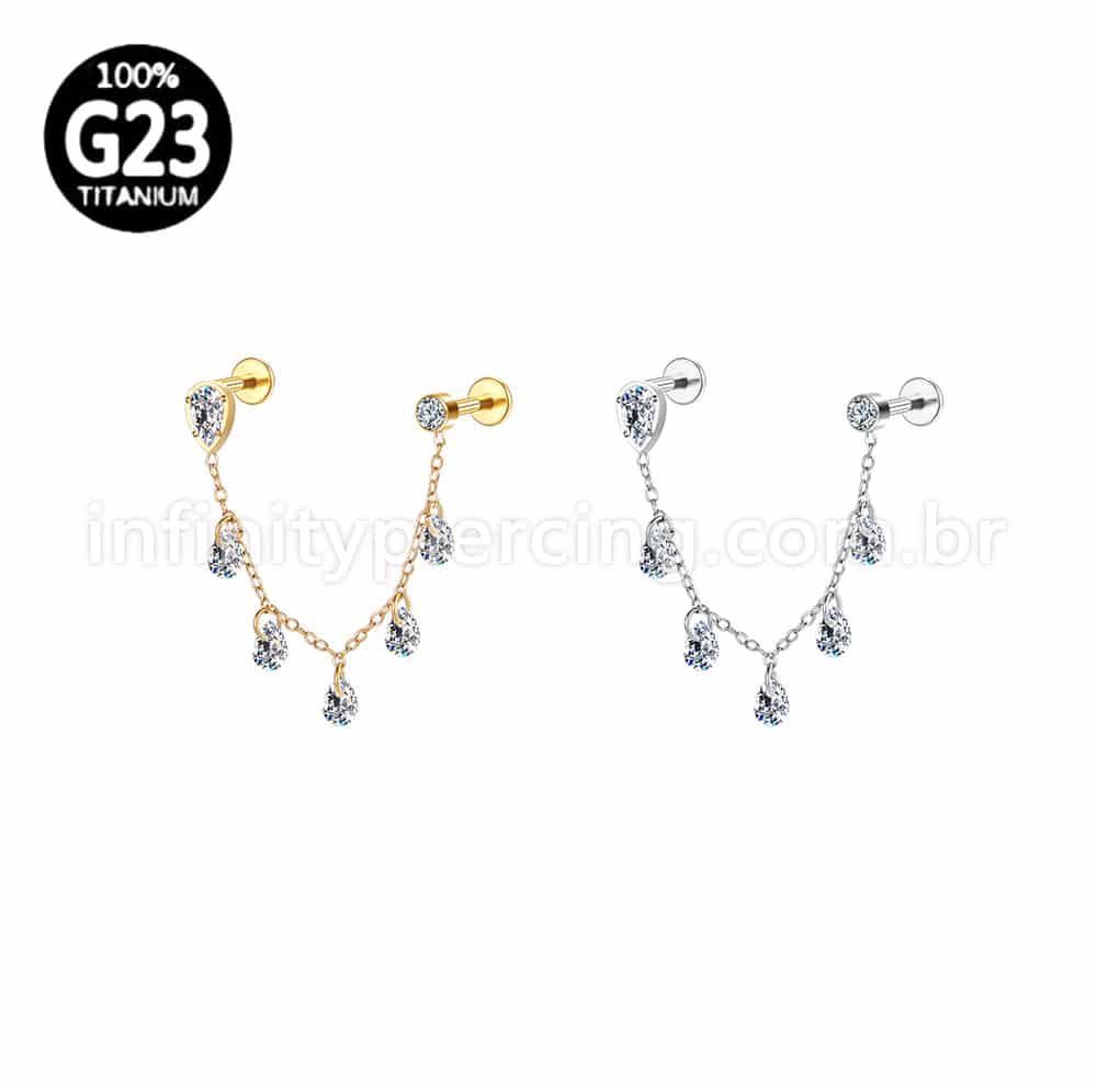 Piercing Labret Titânio Gota Corrente Com Zircônia