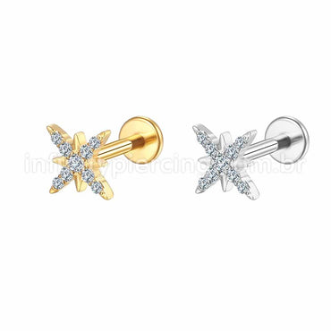 Piercing Labret Aço Cirúrgico Floco De Neve Zircônia Cravejada