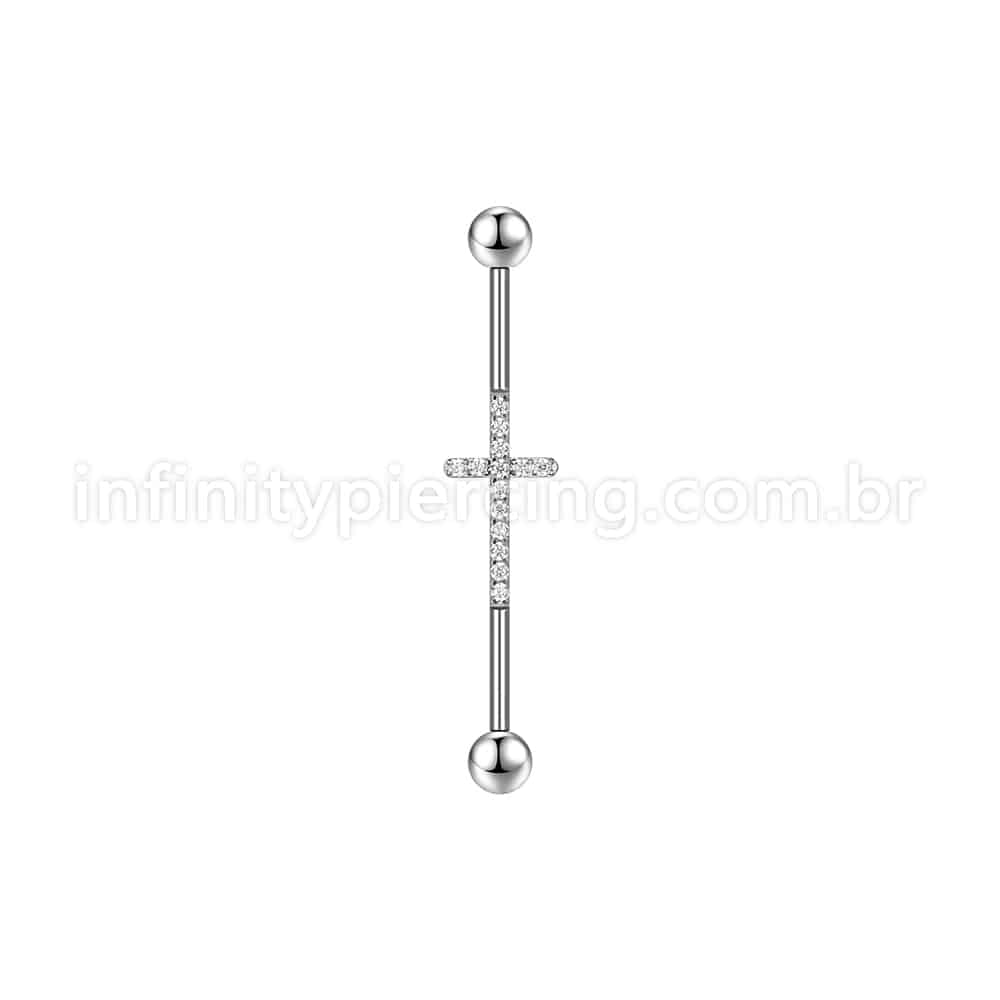 Piercing Transversal Aço Cirúrgico Cruz Zircônia Cravejada