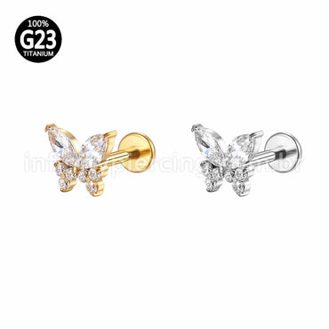 Piercing Labret Titânio Borboleta Zircônia Cravejada