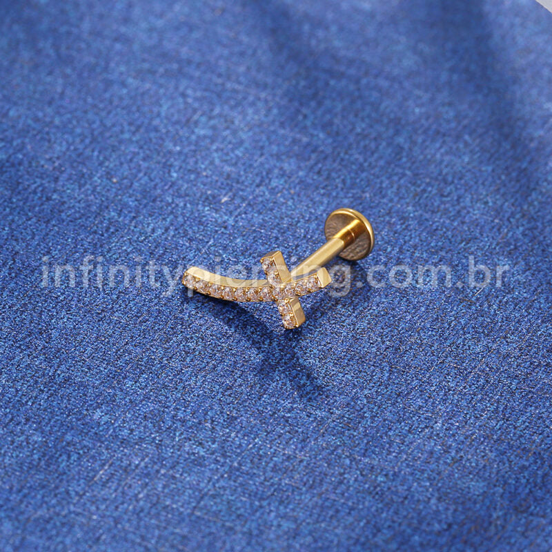 Piercing Labret Aço Cirúrgico Cruz Curva Zircônia